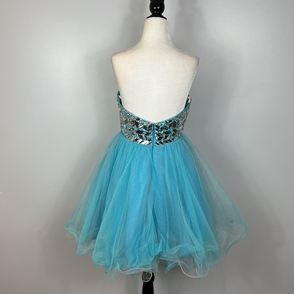 Tony Bowls Aqua Blue Formal Cocktail Prom Graduation Dress Mirrored Appliqué - Picture 8 of 16
